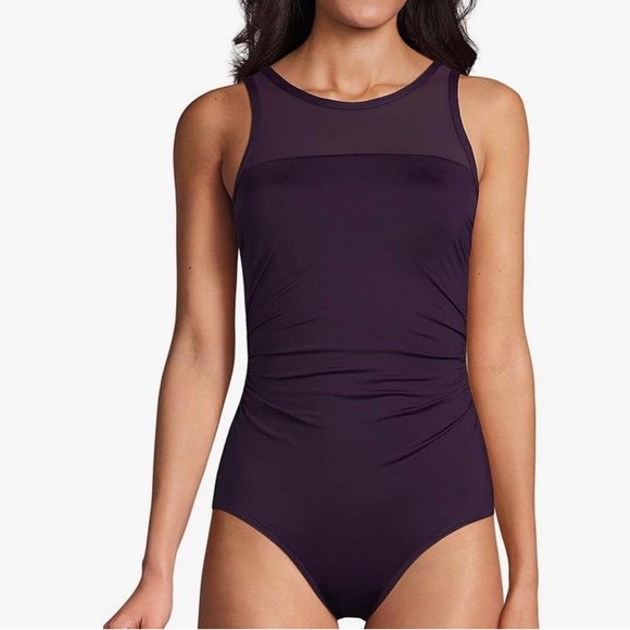 Lands End Mesh High Neck One piece Swimsuit Black 16 - Picture 1 of 6